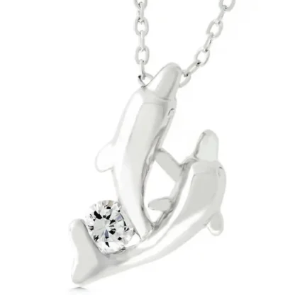 Cute Round .25ct White Topaz 2-Dolphin Necklace