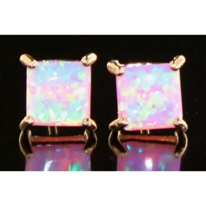 Rose Toned Princess Cut Pink Opal Stud Earrings