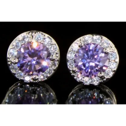 Round Amethyst & White Topaz Halo Stud Earrings