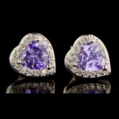 Amethyst & White Topaz Halo Heart Stud Earrings