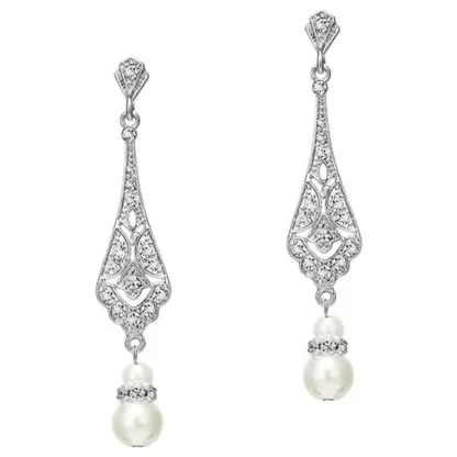 White Gold-Plated Vintage Dangle Pearl Earrings