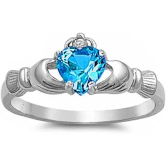 Elegant Heart Cut .50ct Blue Topaz Claddagh Ring