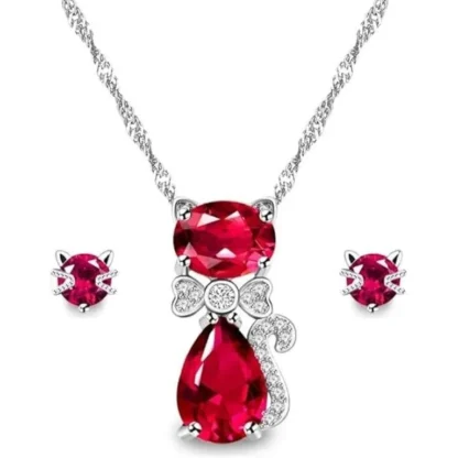 Cute White Topaz & Ruby Cat Jewelry Set